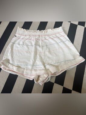 O'Neill White Elastic Waist Shorts with Rainbow Pinstripes